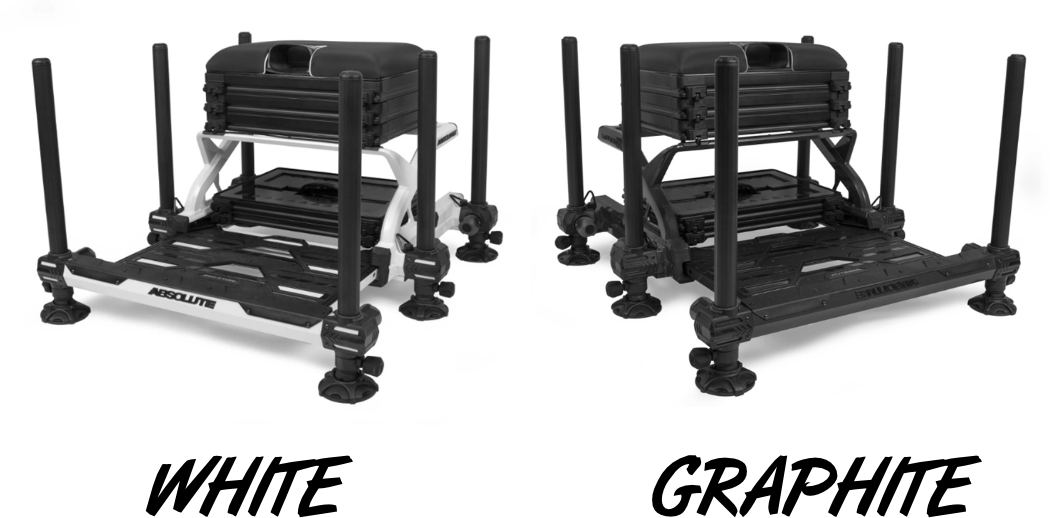 Colour comparison between the white and graphite preston innovations absolute station fishing seat box