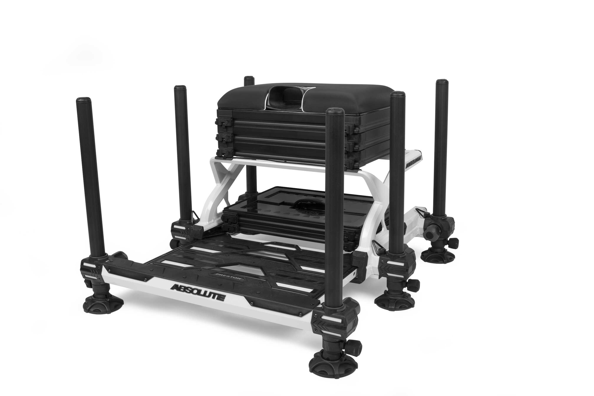 Front photo of the preston innovations 'absolute' fishing seat box in black and silver