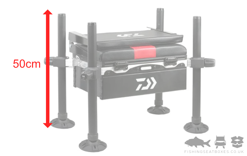 Photo of the D-VEC fishing seat box highlighting the leg length of 50cm