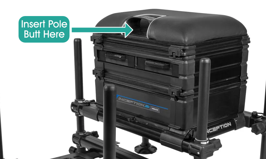 Photo of the Preston Innovations 3D 150 Seat Box with an arrow pointing to the area of the fishing seat to rest the butt of your fishing pole