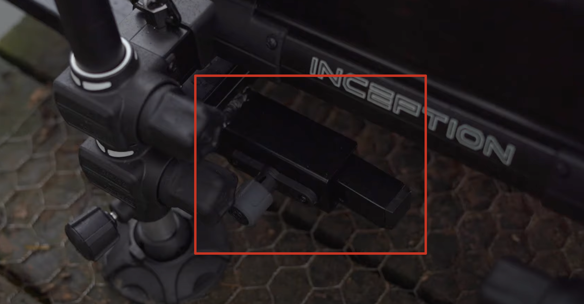 Photo of the pin location on the Preston Inception 3D 150 which are used to slide the footplate out