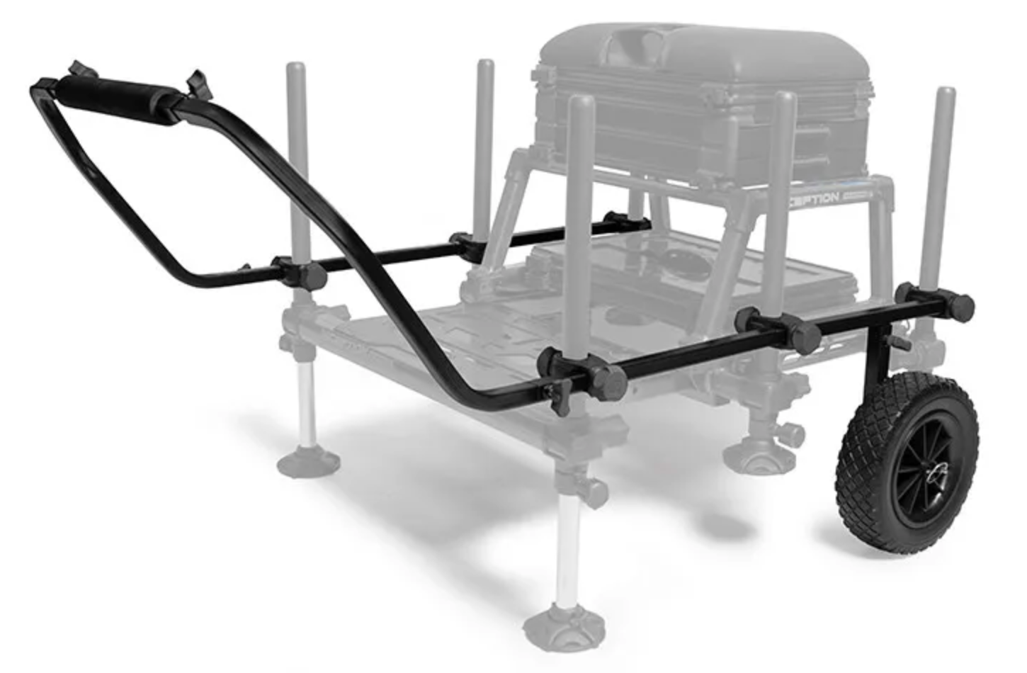 Photo highlighting the Preston Innovations Offbox Wheel kit attached to a Preston Innovations seat box