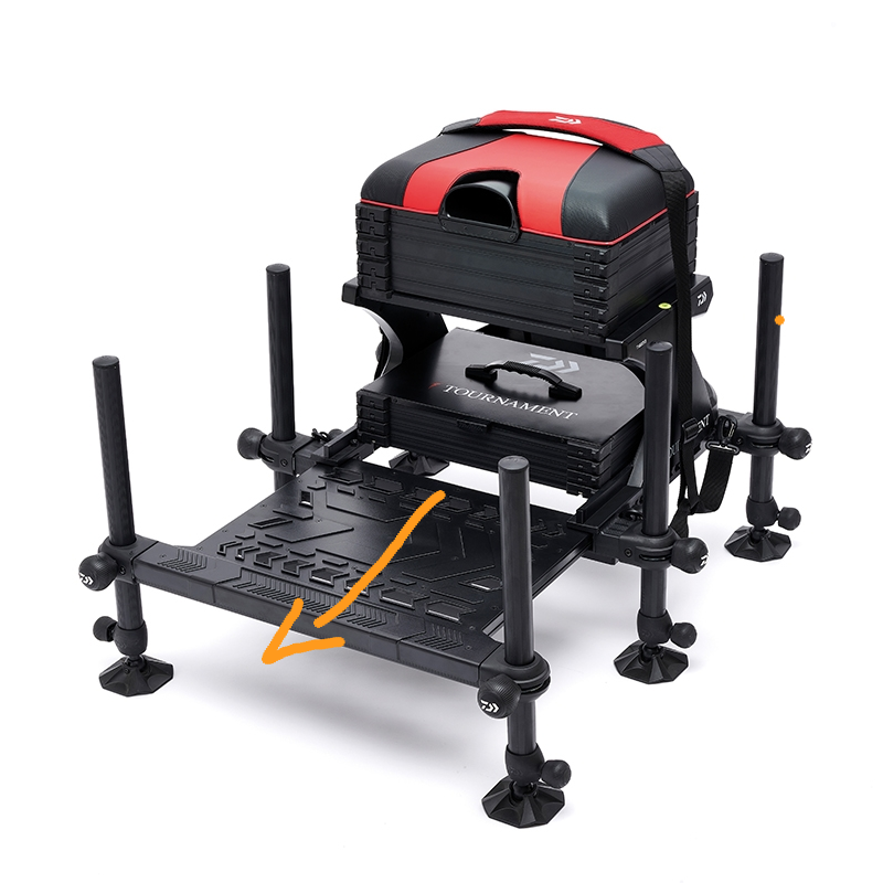 Photo of the Tournament 800 seat box with an arrow pointing in the direction the footplate can be positioned